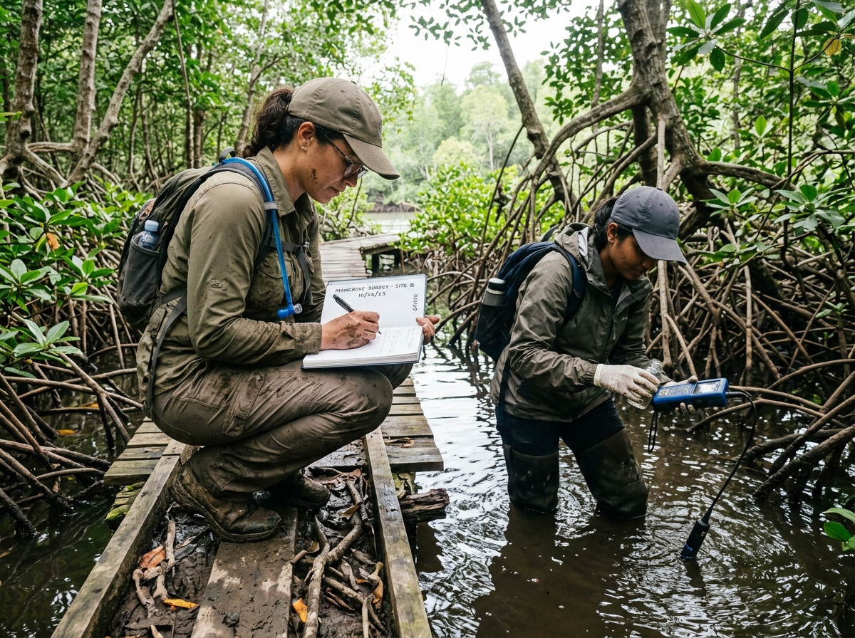 Field researchers conducting biological water assays
