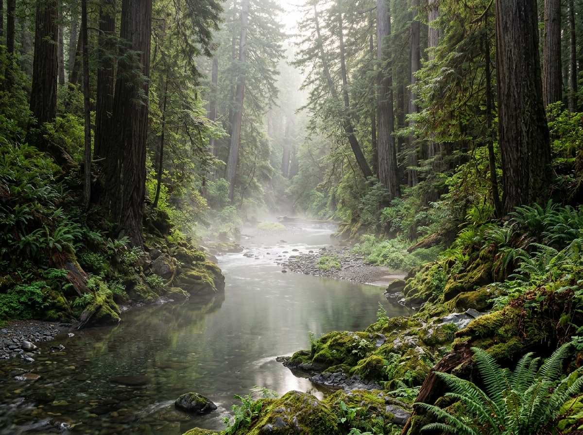Pristine river flowing through temperate canopy