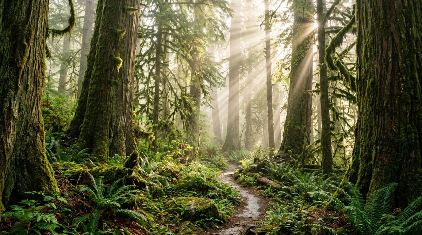 Ancient temperate rainforest shrouded in morning mist