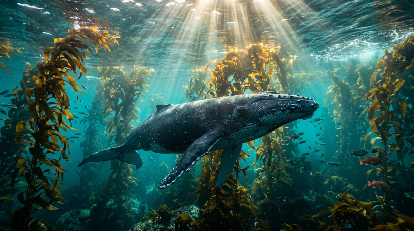 Whale in giant kelp forest