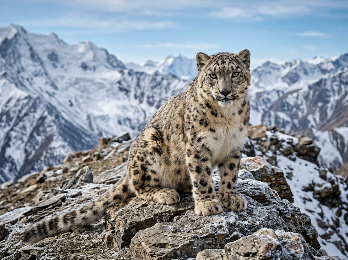 Snow leopard in alpine mountains