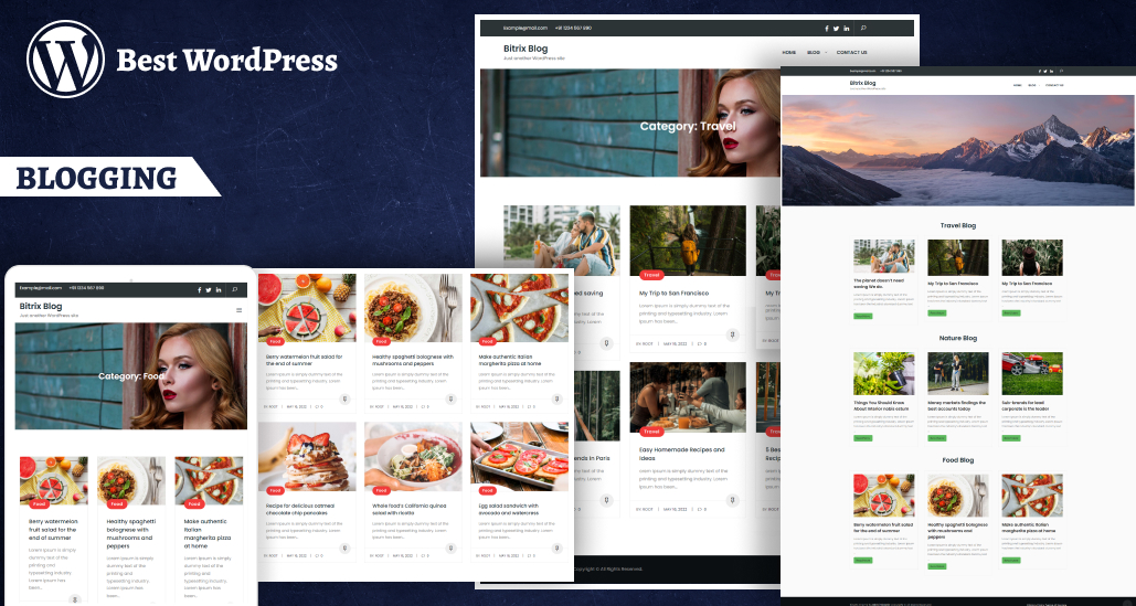 Wordpress free blog website template with a mobile-friendly layout and UI elements.
