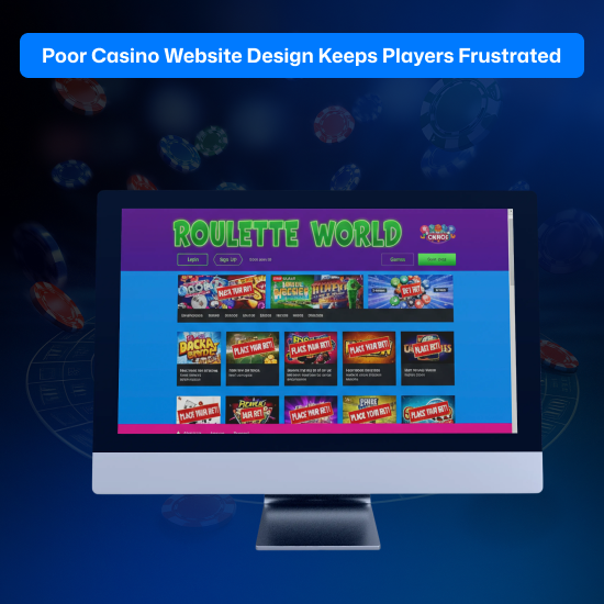 Poor casino website design example where colors are not used properly and the navigation is confusing.