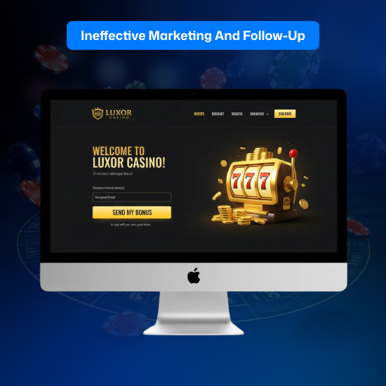 The casino website has fewer ROI marketing efforts, with no organized player follow-up.