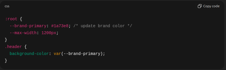 CSS brand color variable example code.