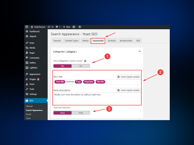 WordPress website SEO plugin with content optimization screen.