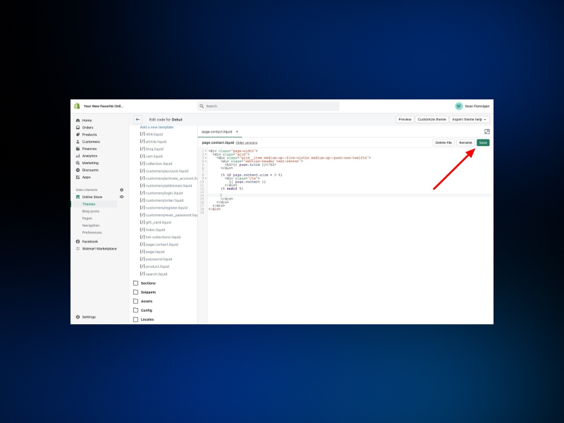 Shopify website development coding interface with liquid language.