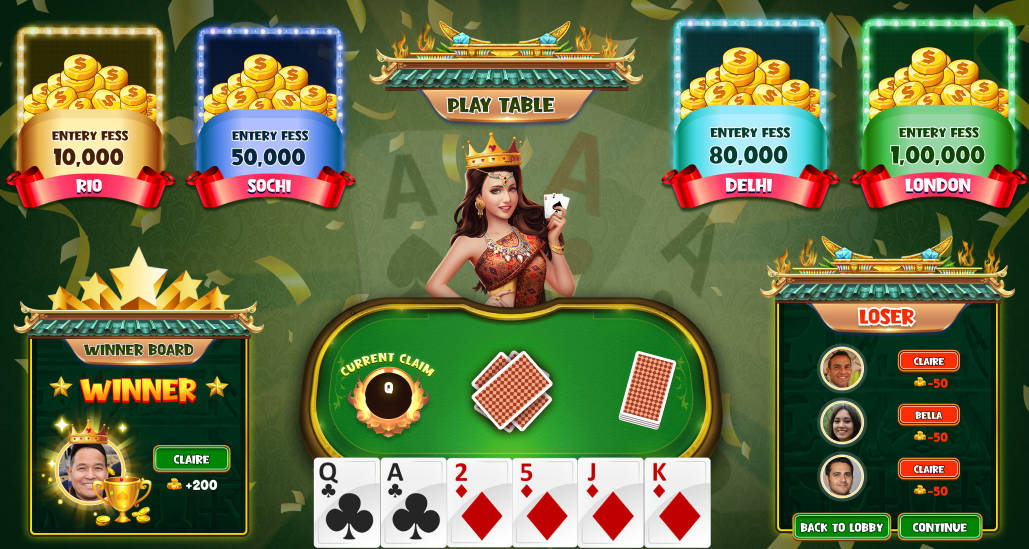 The main page of the Bluff card game