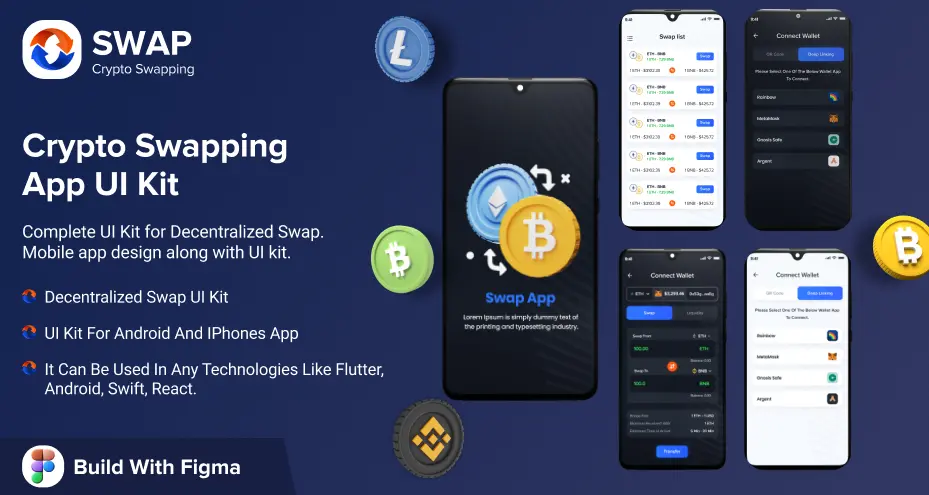 Crypto swapping UI kit page including technologies