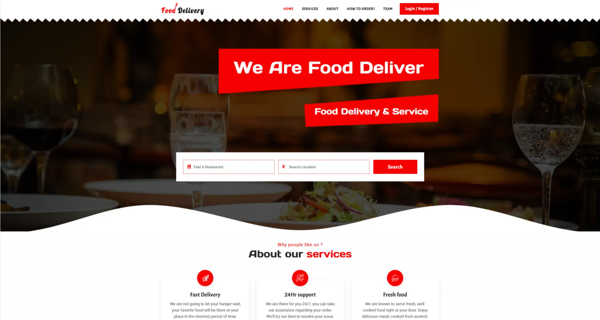 Order now page of the food delivery template