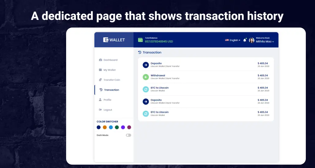 Transaction history home page