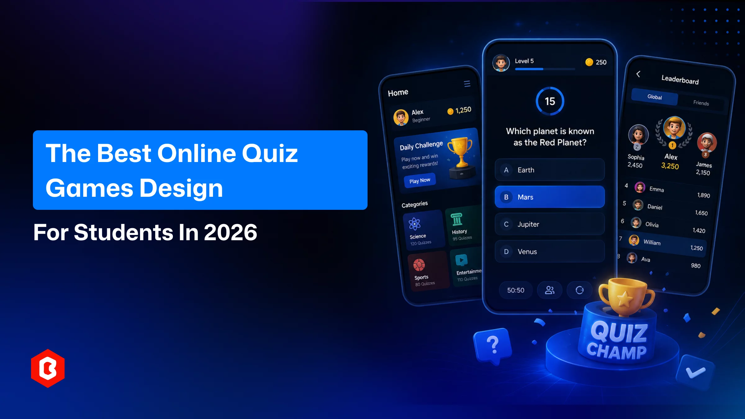 Quiz mobile game app design to boost the students' engagement using the ready Figma UI kit.