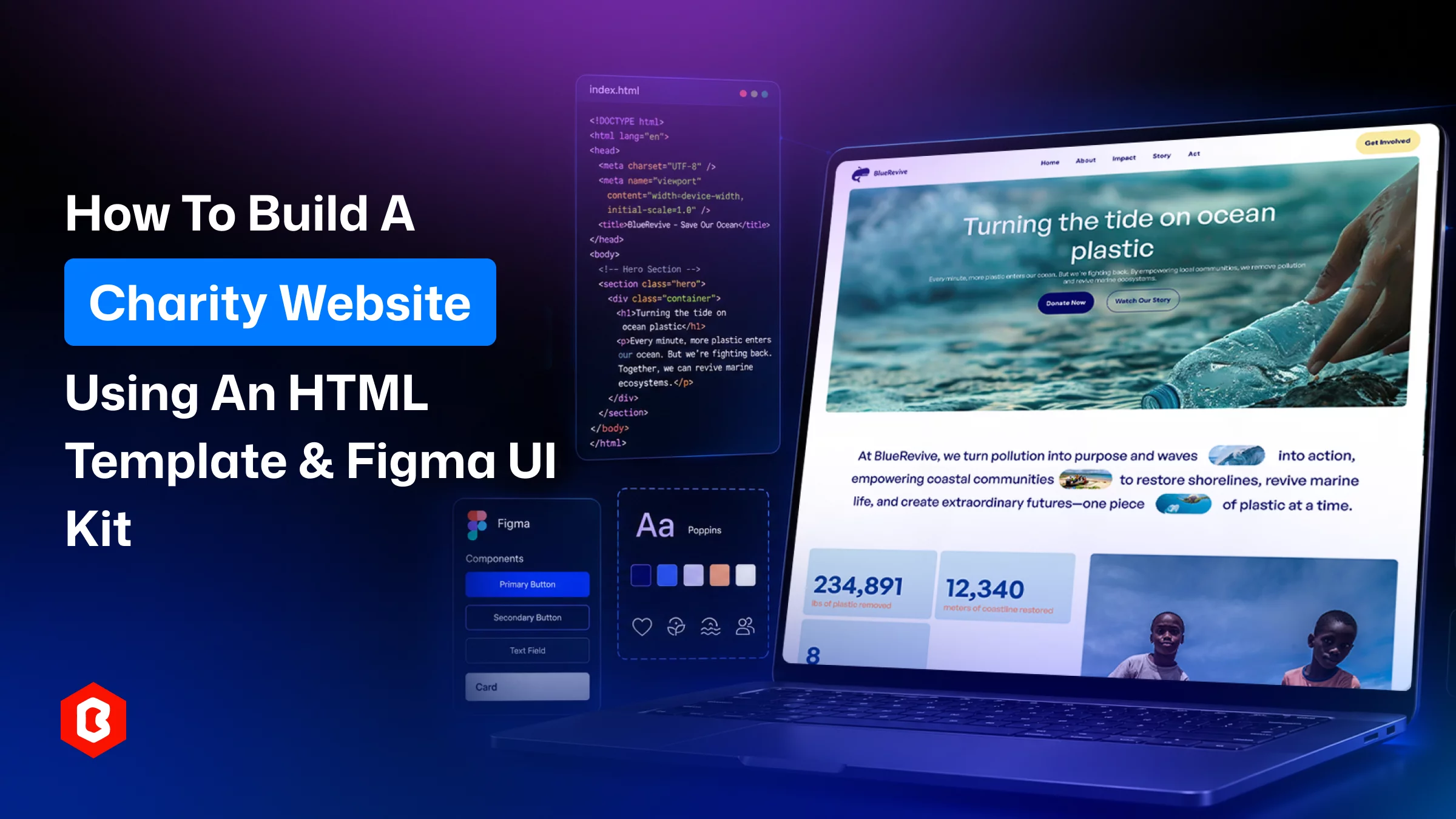 Charity website development with the HTML template and UI kit as resources used for a quick front-end.