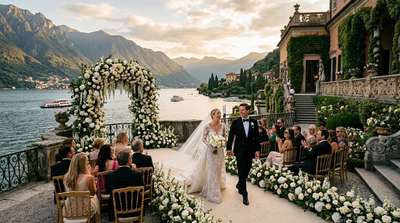 Luxury destination wedding ceremony on Lake Como terrace at golden hour