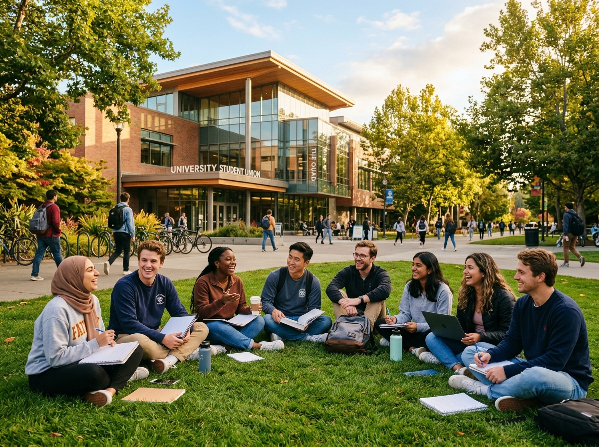 Students collaborating outside campus student union