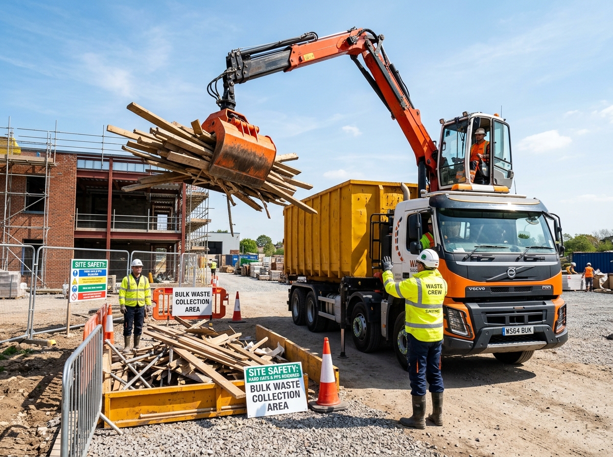 Crane truck loading bulky debris and timber