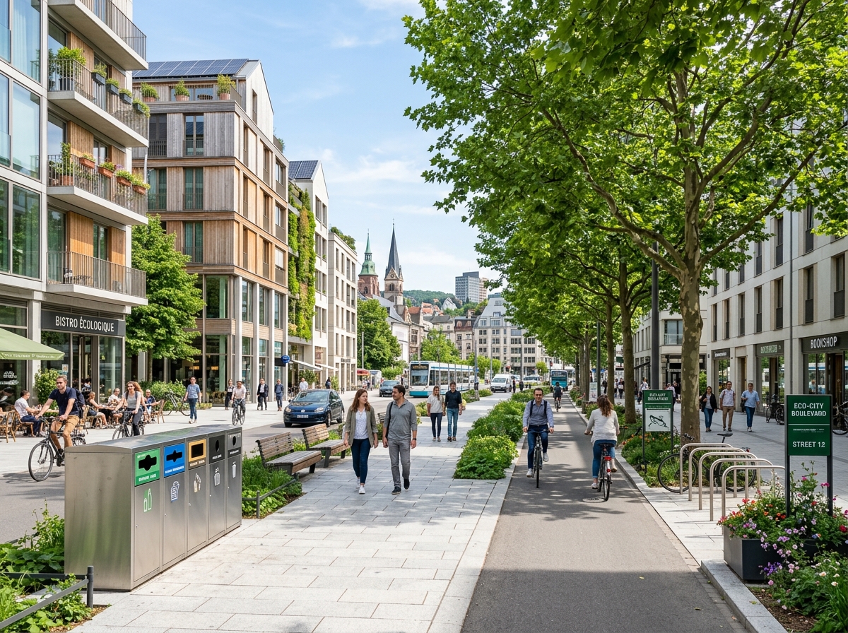 Pristine modern city boulevard with recycling infrastructure