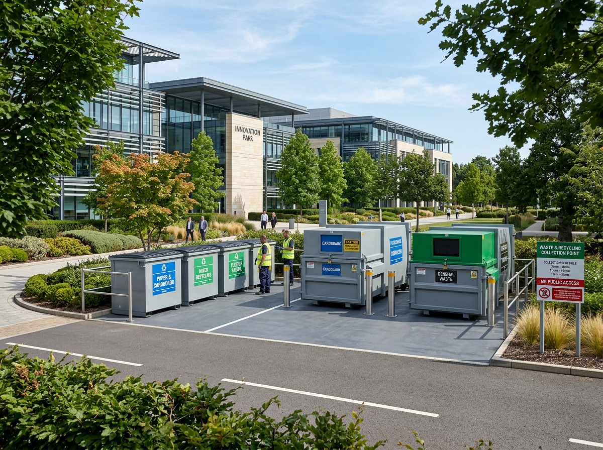 Commercial recycling bins and dumpster enclosure