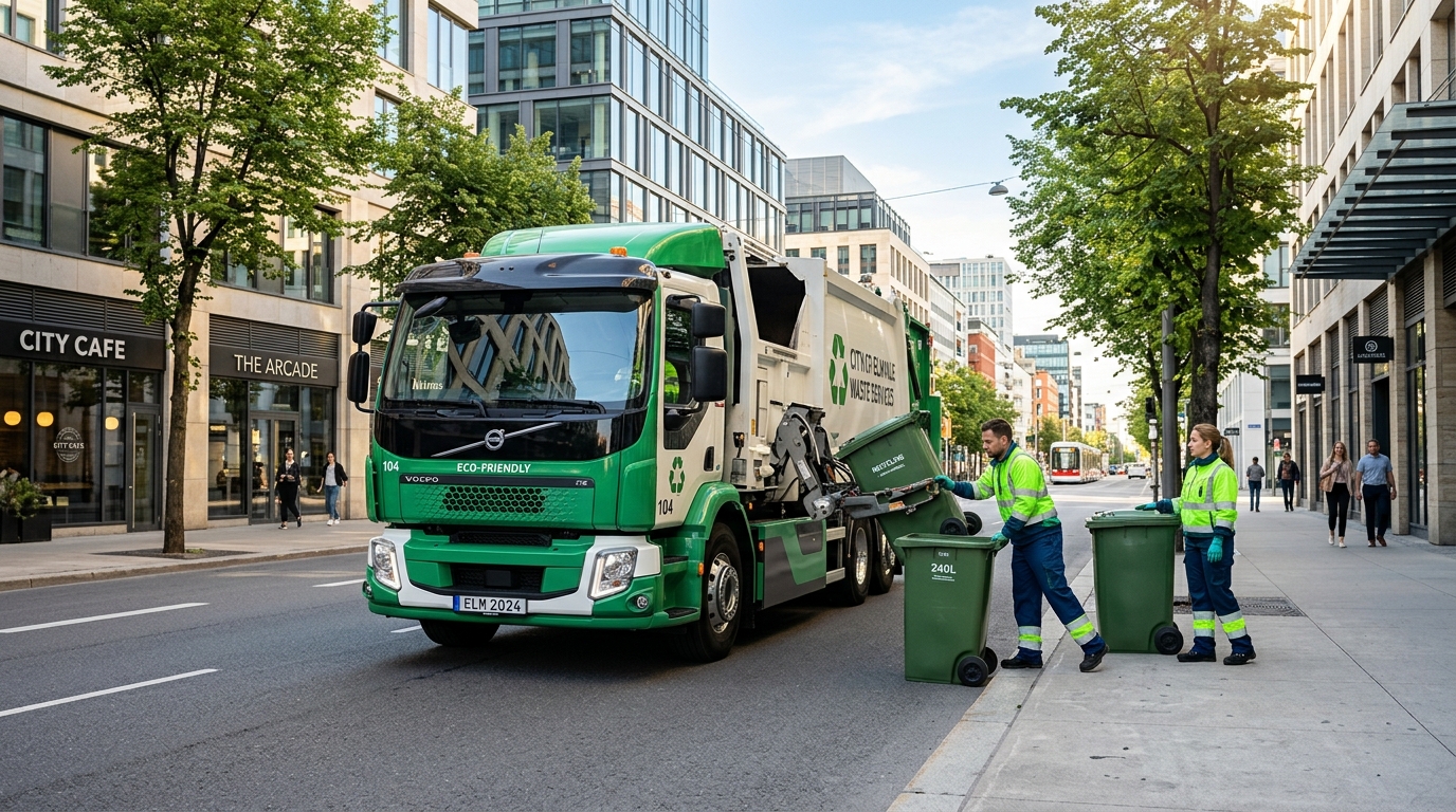 Modern eco-friendly waste management fleet operating in clean city
