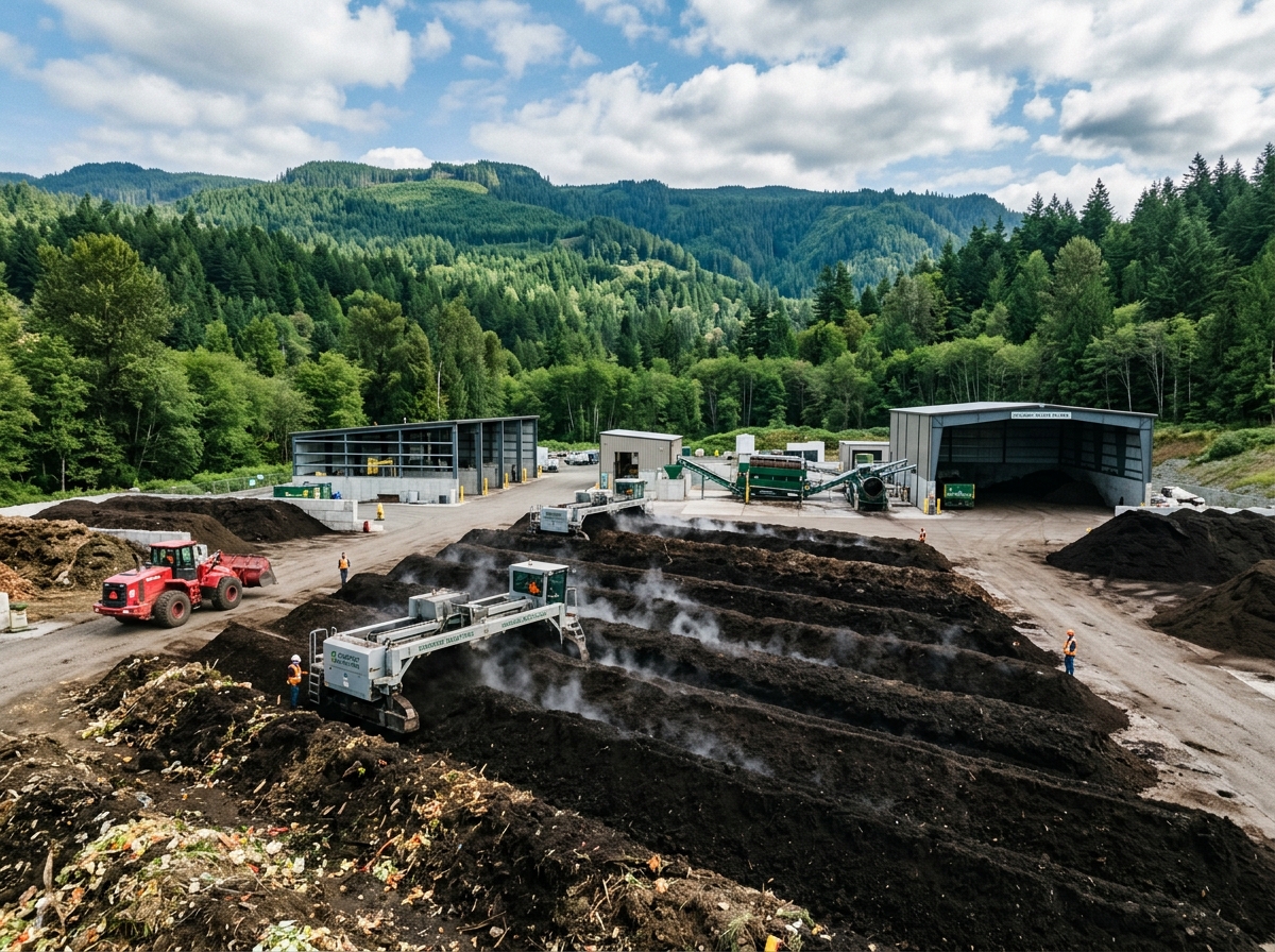 Commercial composting rows transforming organic waste