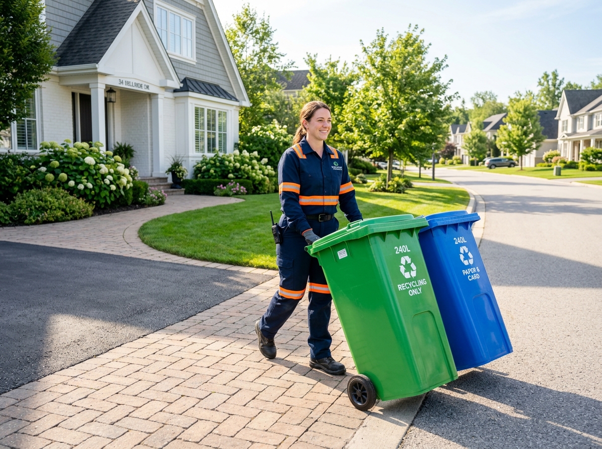 Residential waste collection worker wheeling recycling bin