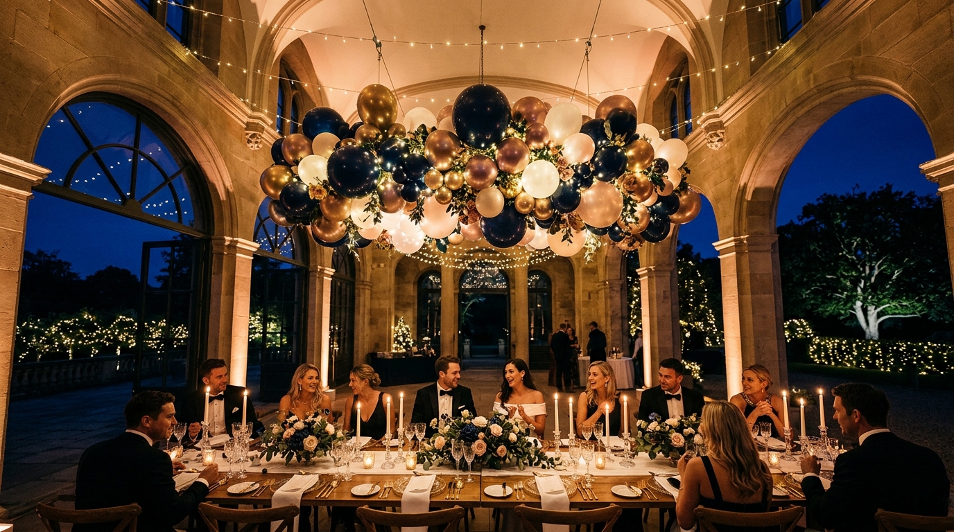 Intimate evening celebration with glowing overhead balloon ceiling installation