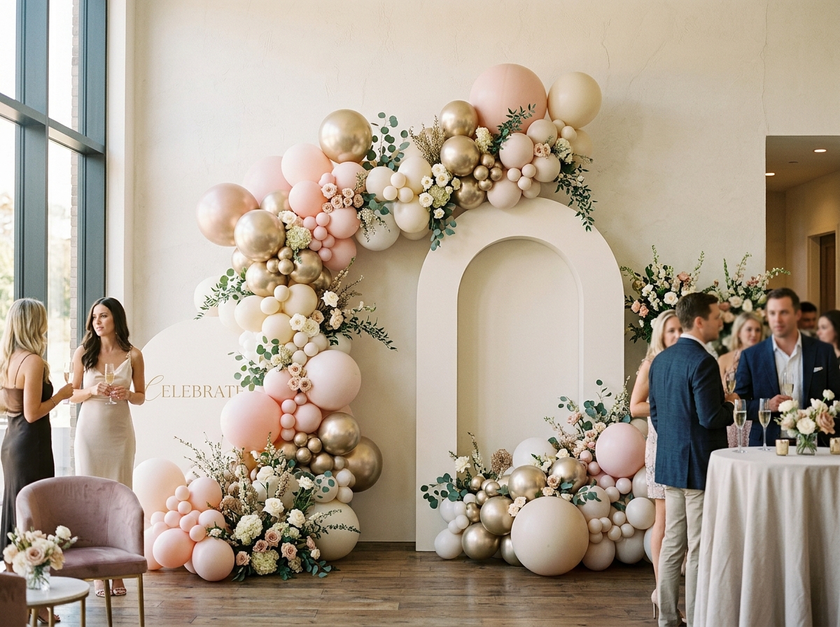 Festoria luxury organic balloon garland installation framing an architectural celebration arch