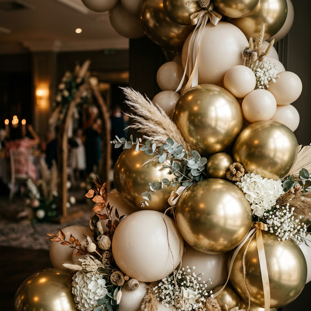 Close-up detail of chrome gold and matte cream organic balloon cluster