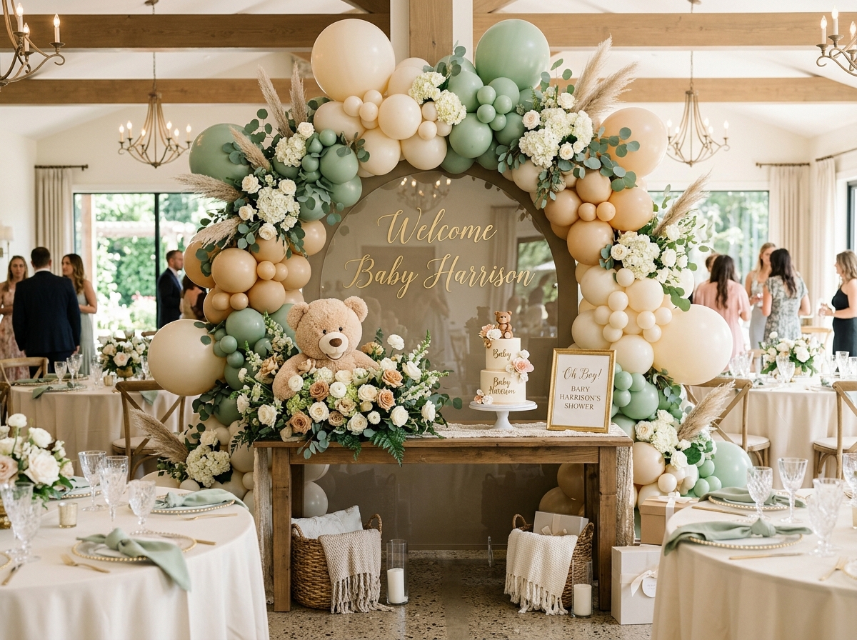 Sophisticated baby shower balloon arch in sage green, cream, and almond tones with custom acrylic welcome panel