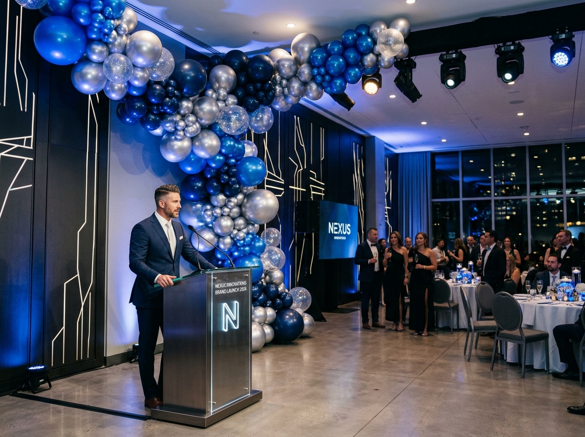 Corporate gala stage styled with electric blue and brushed silver balloon clouds