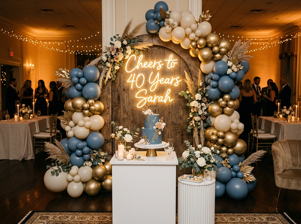 Styled birthday celebration with wooden arch backdrop and neon signage
