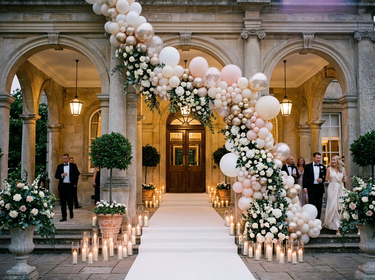 Luxury wedding entrance styled with cascading ivory balloons, fresh white roses, and romantic candles