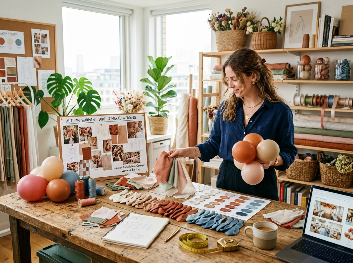 Festoria creative director curating custom balloon color palettes and event moodboards in the studio