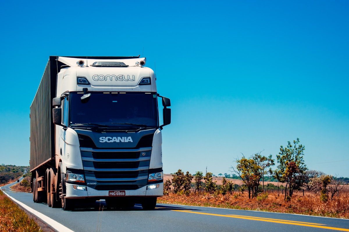 Modern commercial semi-truck on highway