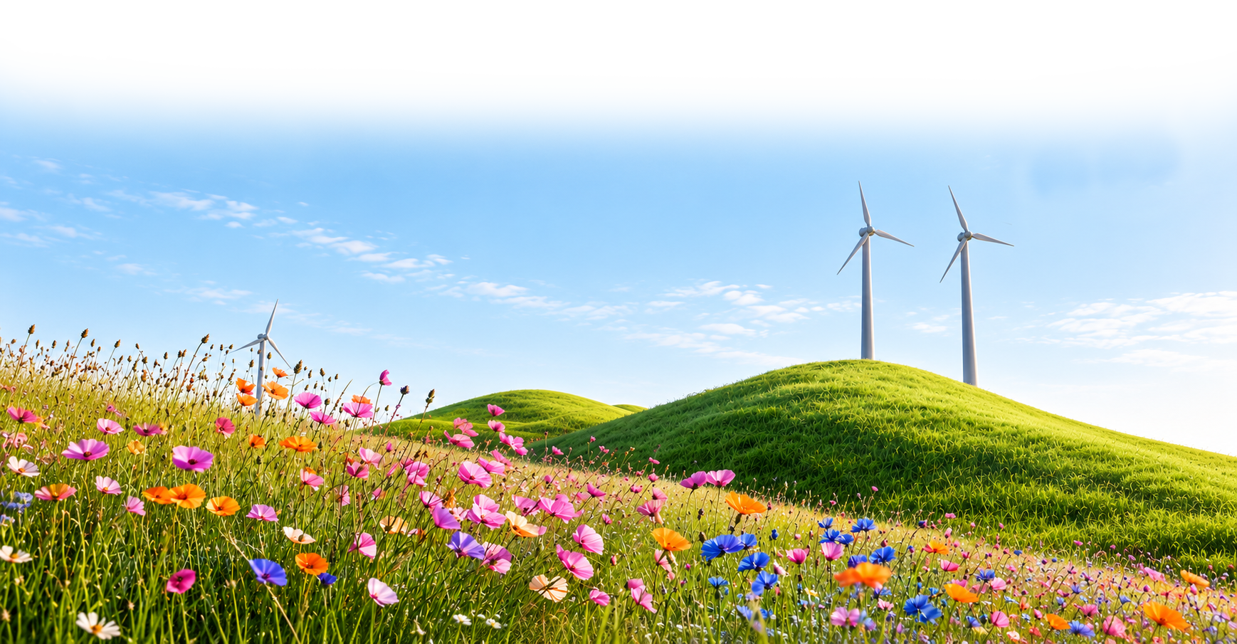 Panoramic onshore wind turbine farm stretching across rolling green hills under soft sunlight