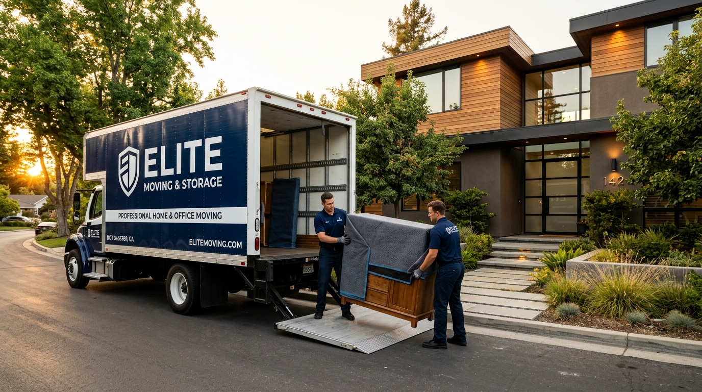 Haulwell uniformed moving crew loading wrapped furniture onto hydraulic liftgate of navy moving truck