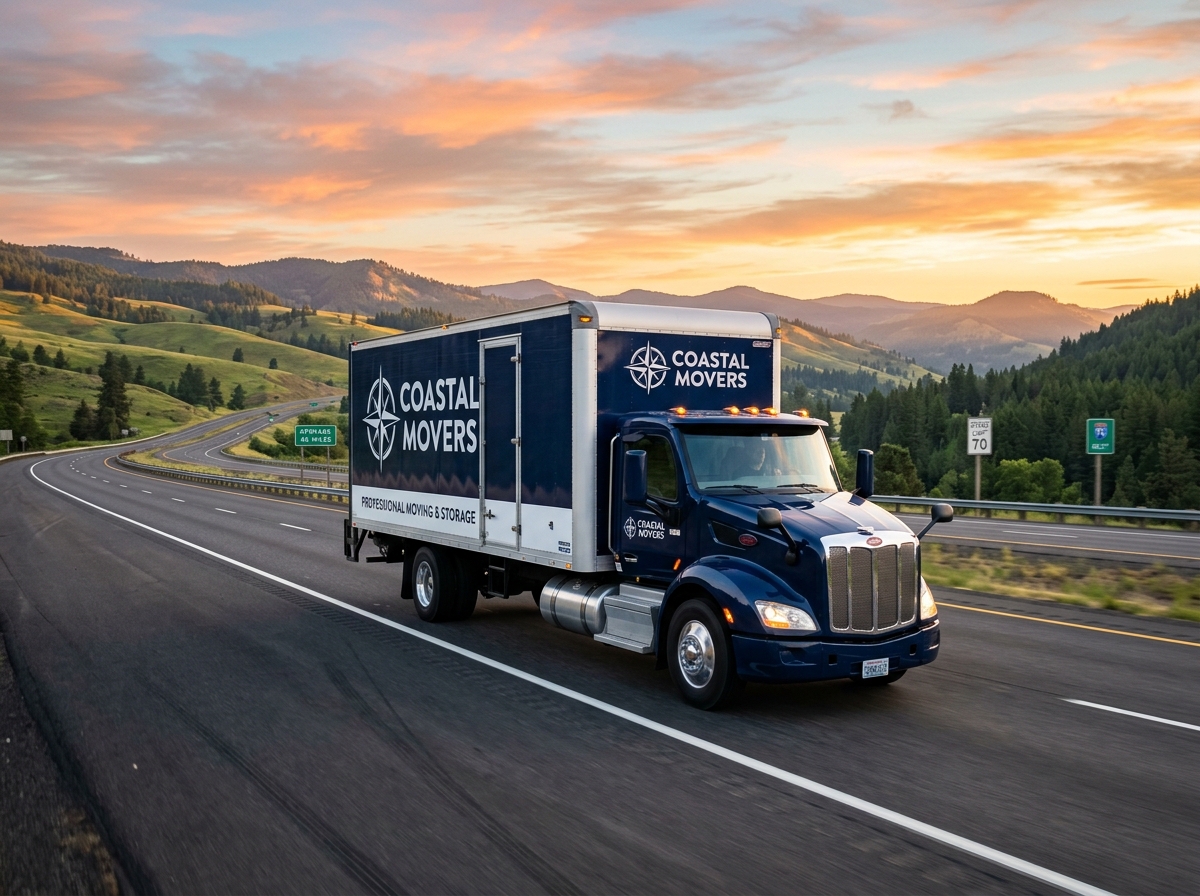 Long-distance moving truck on interstate highway at sunrise