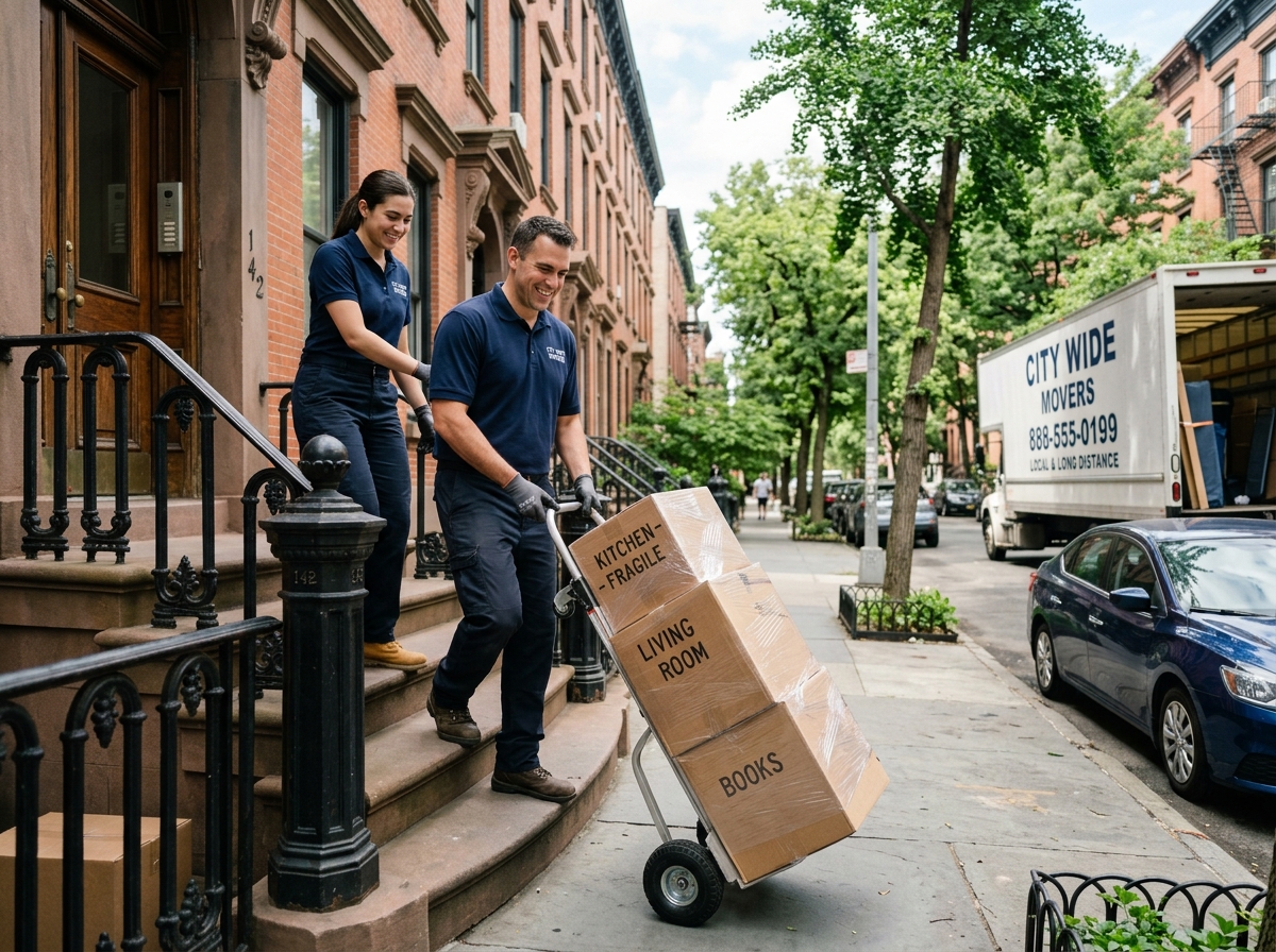 Local metro movers transporting boxes down brownstone steps