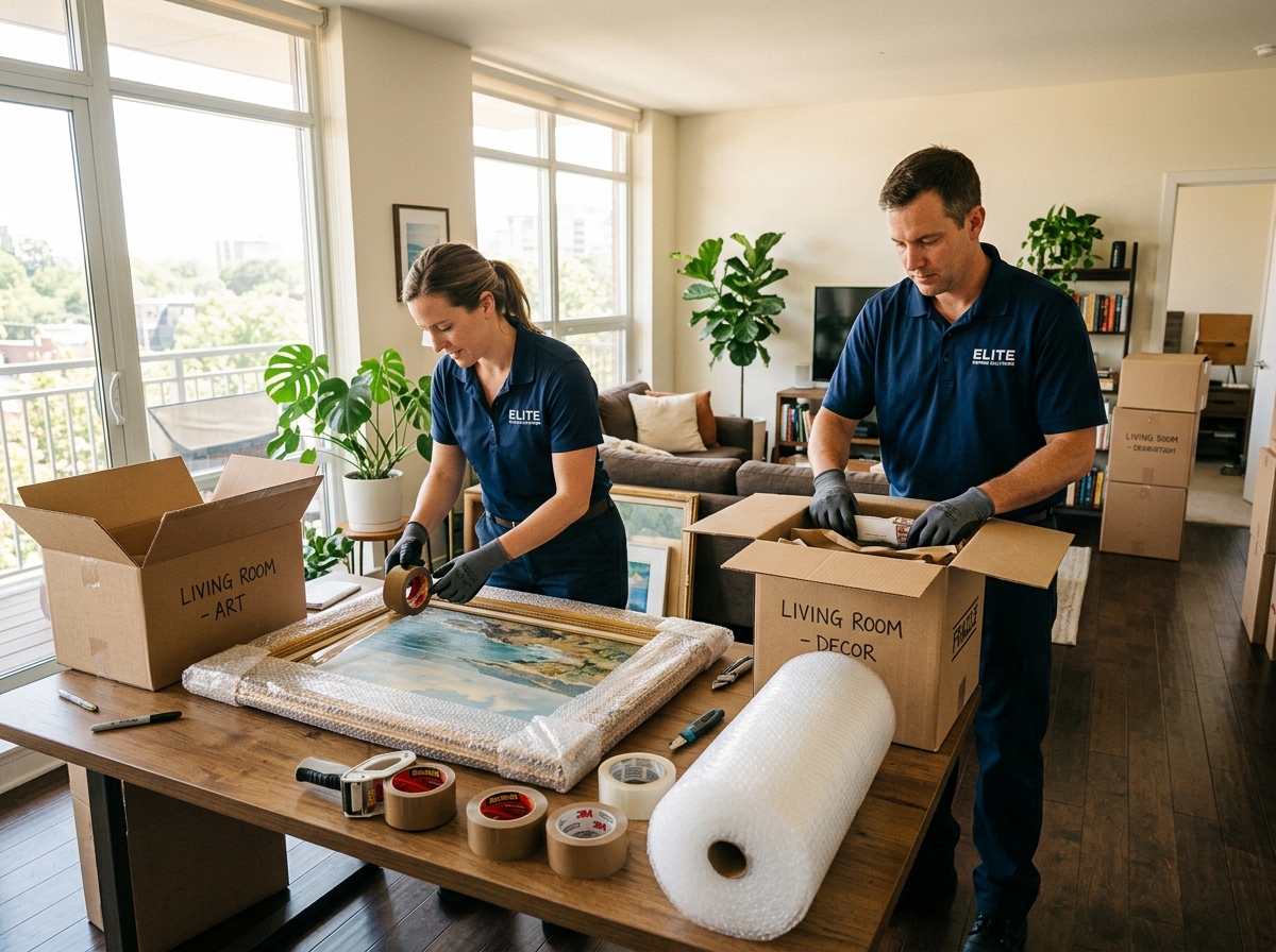 Professional packers wrapping framed artwork in sunlit home