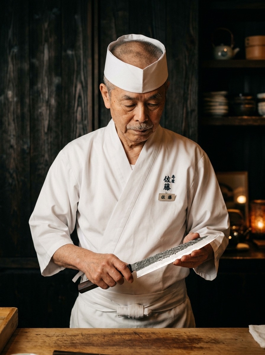 Master Sushi Chef Kenji Sato holding his yanagiba knife