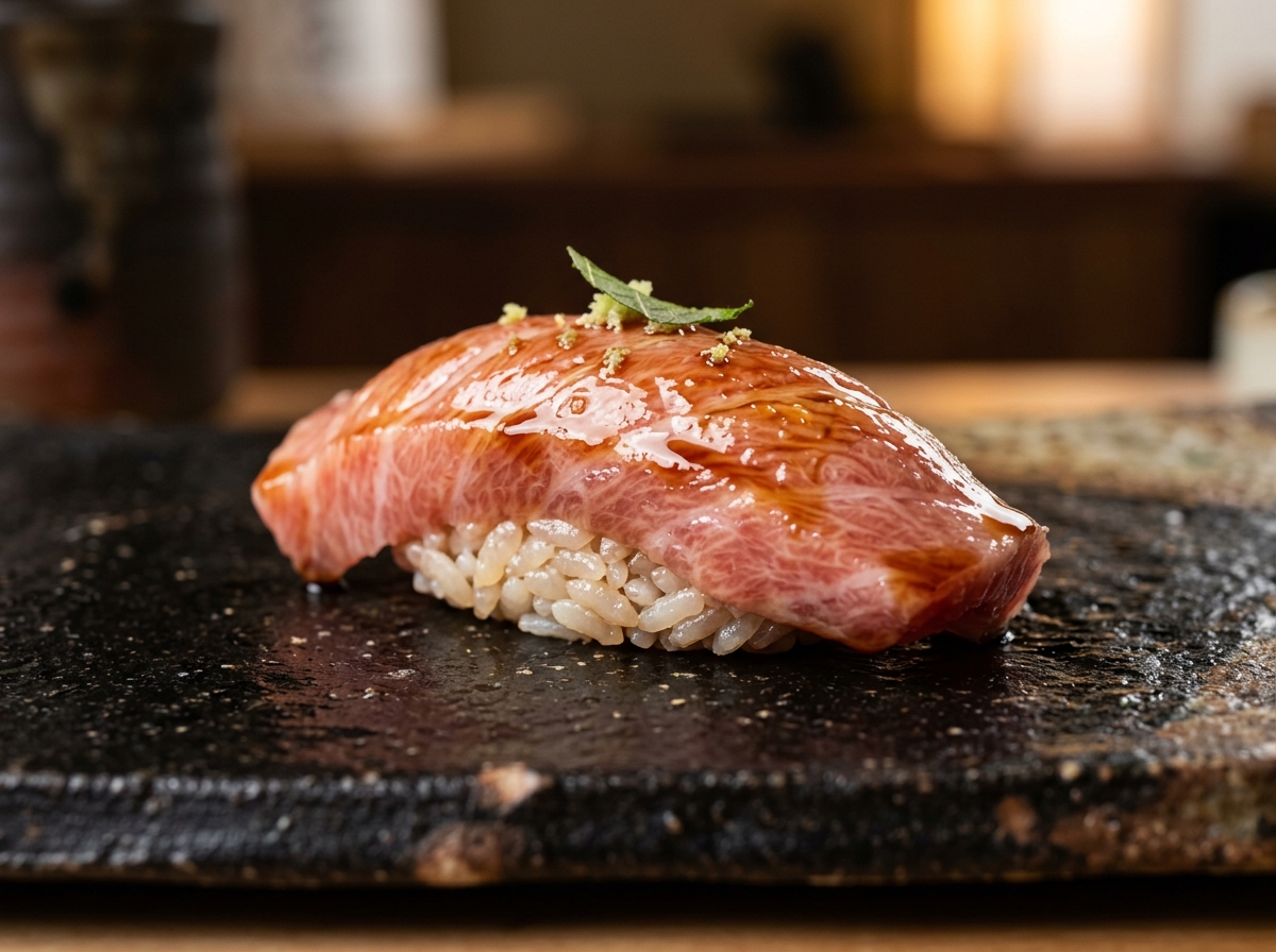 Aged Bluefin Tuna Otoro Nigiri brushed with nikiri shoyu