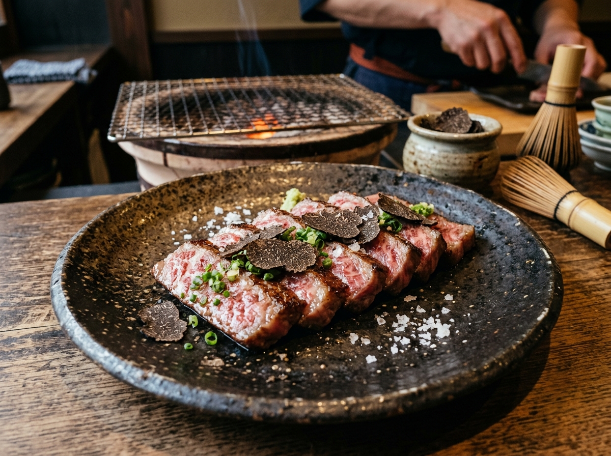 A5 Miyazaki Wagyu seared over binchotan with black winter truffle