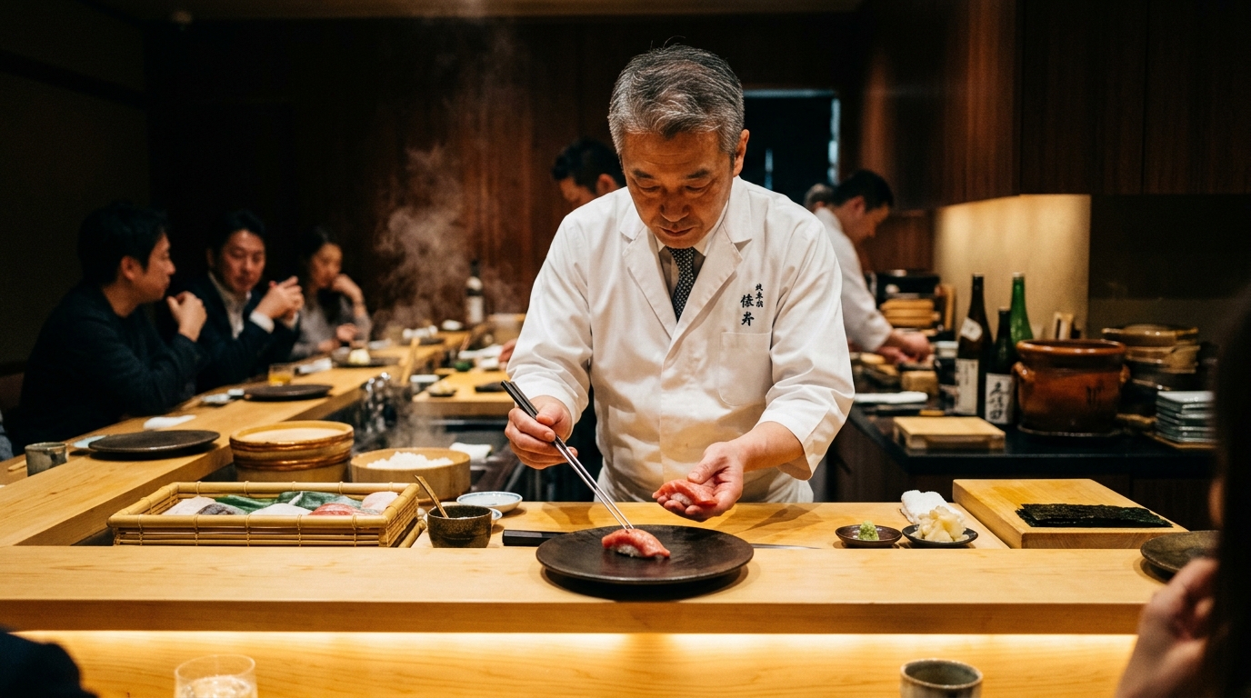 Master sushi chef preparing exquisite nigiri at KISHO Ginza