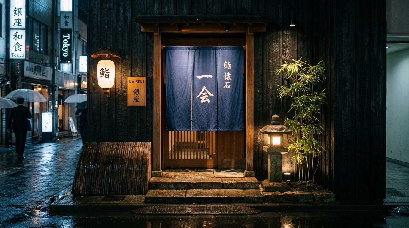 Discreet entrance of KISHO in Ginza at twilight