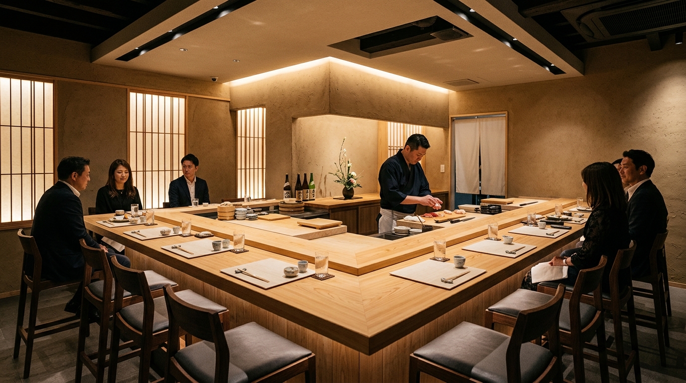Minimalist solid Hinoki wood counter at KISHO