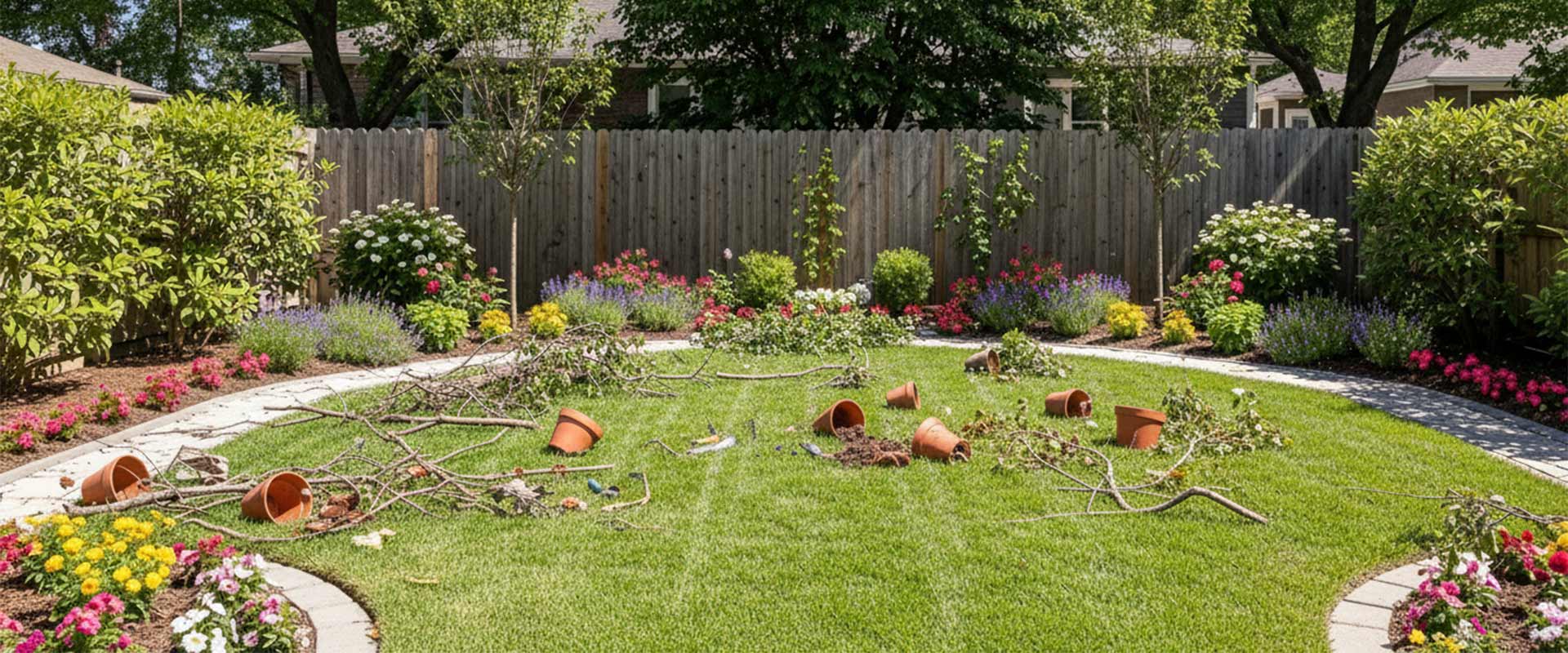 Completed landscape transformation with fresh turf and stone patio