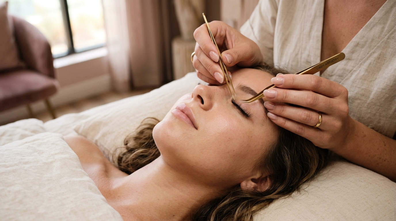 Master lash artist applying individual eyelash extensions with precision gold tweezers