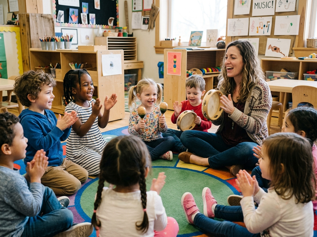Children dancing and playing instruments