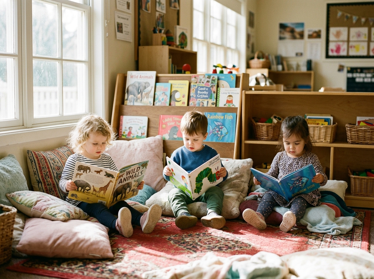 Toddlers exploring picture books