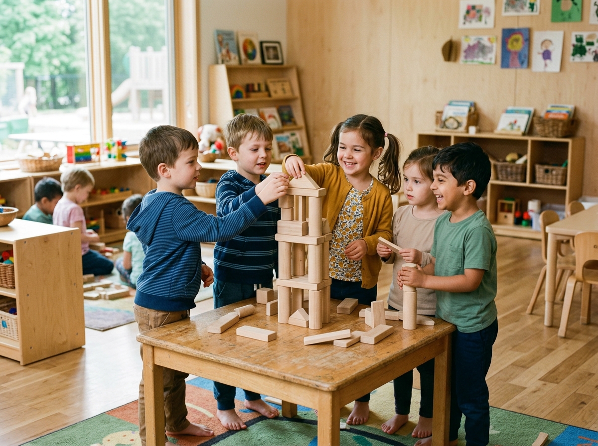 Pre-K kids building blocks